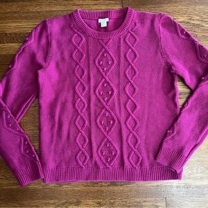 J Crew L cable knit popcorn sweater wool blend fuchsia